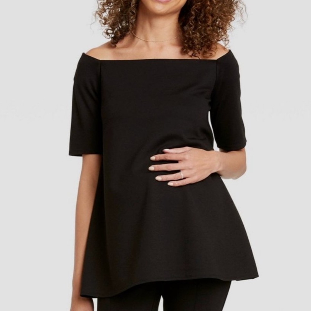 The Nines by Hatch Ponte Top Black Large Maternity Off the Shoulder Casual Chic
